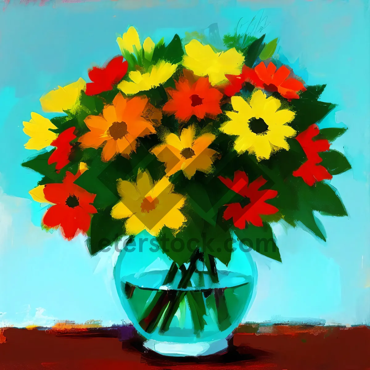 Picture of Vibrant Sunflower Bouquet in a Colorful Vase.