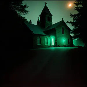 Nighttime Gothic Church Tower Illuminated in City