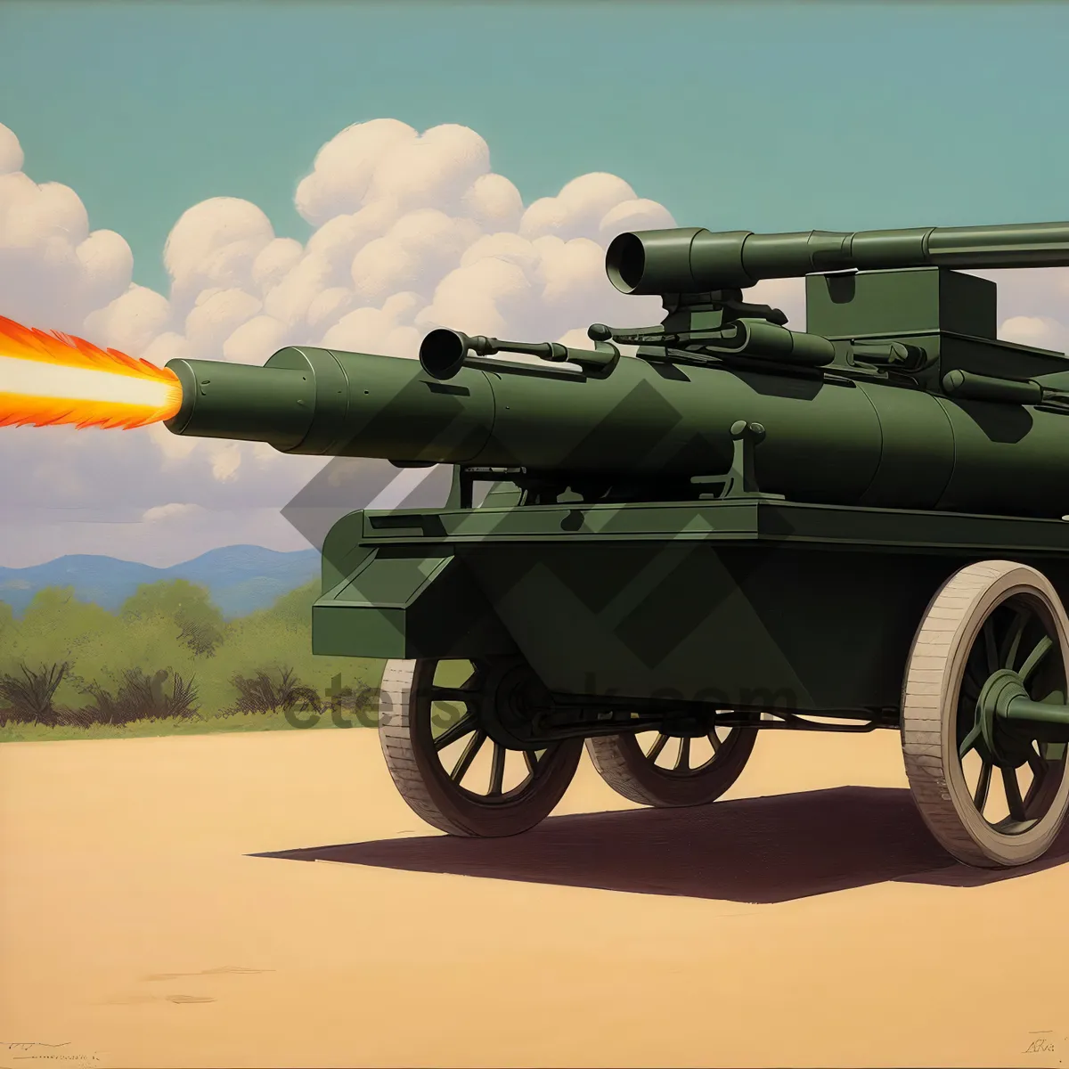 Picture of Skyline's Armored Arsenal: High-Angle Field Artillery Engaged in Military Battle