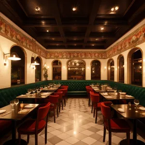 Modern interior design of empty cafeteria room with wood furniture