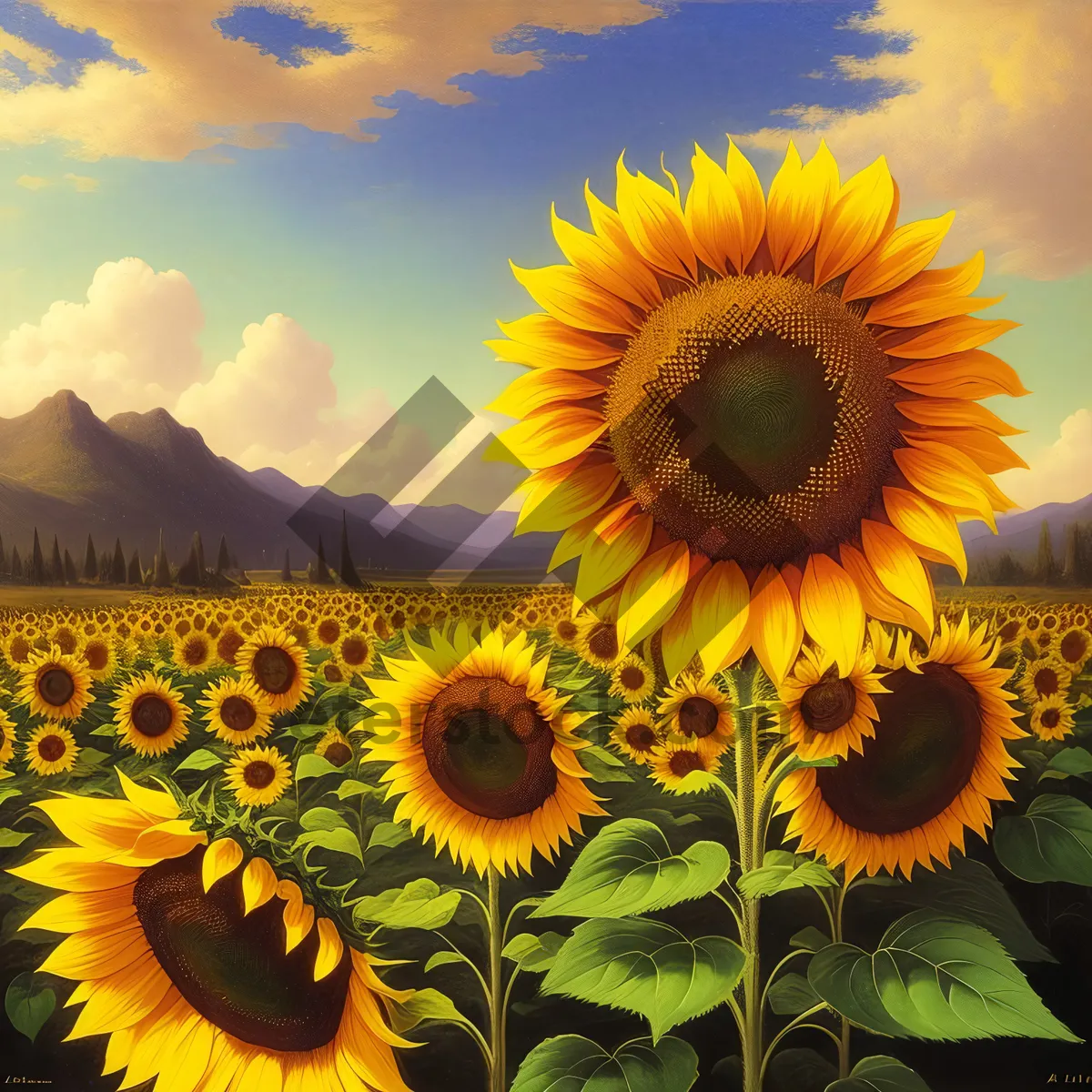 Picture of Bright yellow sunflower blooms in rural meadow.