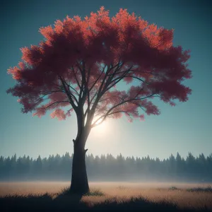 Autumn Oak Tree Silhouette against Sunlit Sky