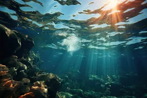 Marine fish swimming in sunlit coral reef underwater.