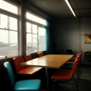 Modern luxury office interior with wood furniture and glass wall.