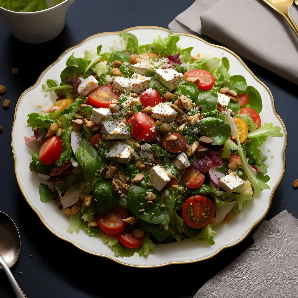 Picture of Delicious gourmet salad with fresh vegetables and meat.