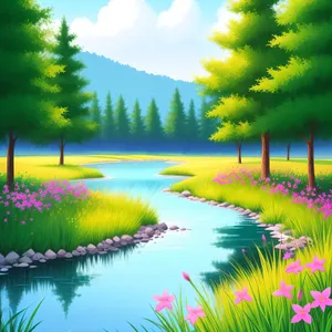 Serene Sunset over Meadow and Lake