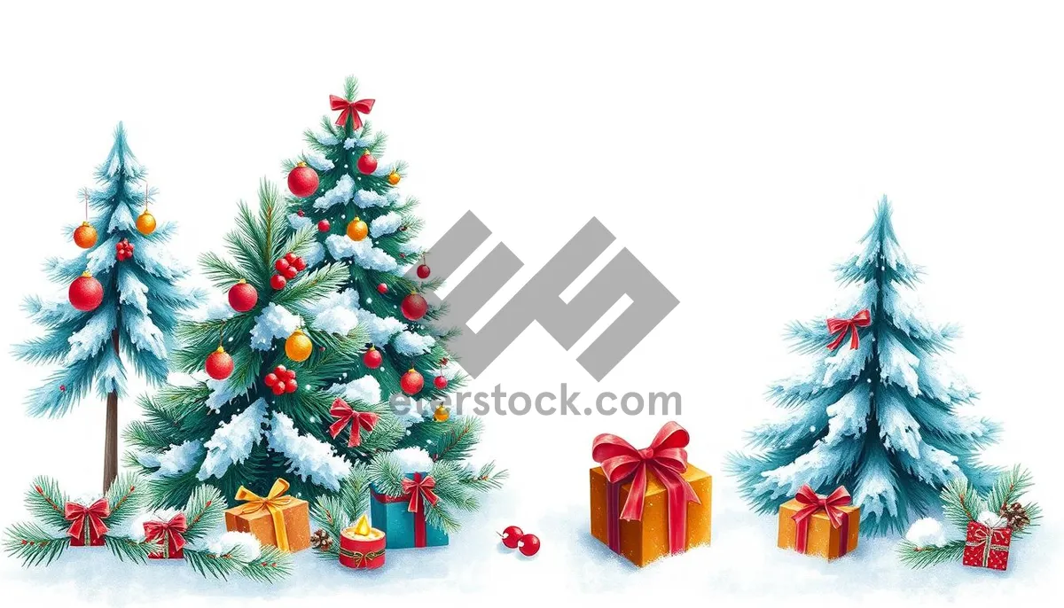 Picture of Festive golden winter tree decoration with ribbon and box.