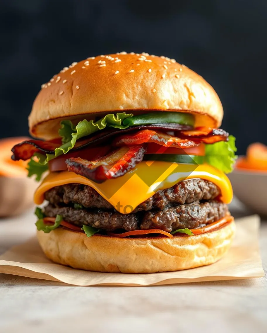 Picture of Grilled Cheeseburger with Fresh Vegetables and Fries