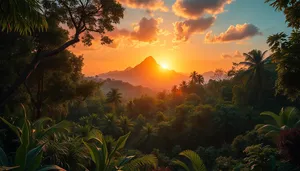 Orange sunset over mountain with silhouette tree.