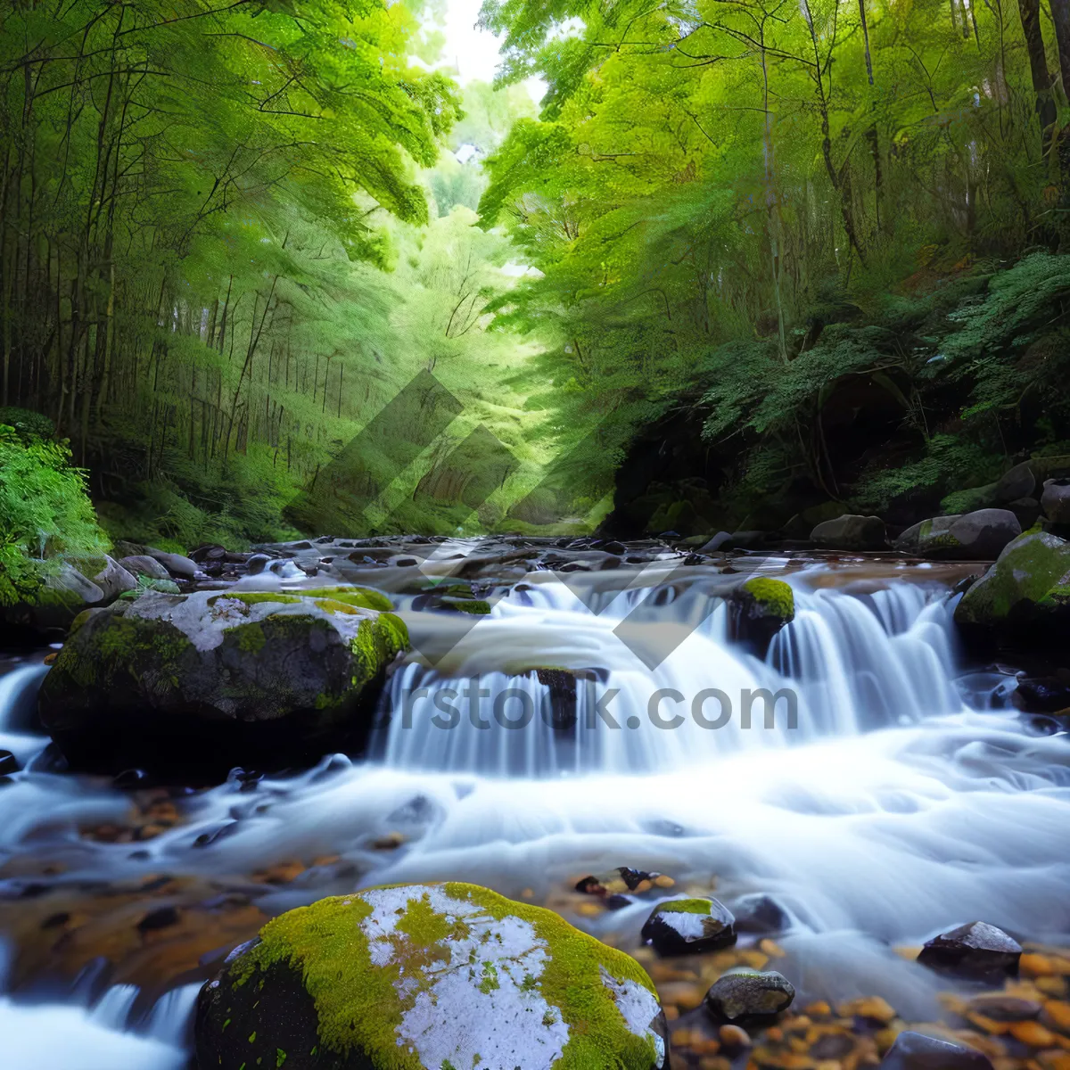 Picture of Serene Waterfall Flowing Through Lush Forest