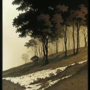 Snowy Serenity: Majestic Winter Landscape Amidst Forested Countryside