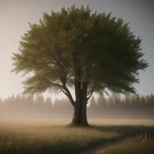 Idyllic Oak Tree in Rural Landscape under Sky