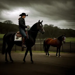 Cowboy riding stallion with saddle, embodying equestrian sport.
