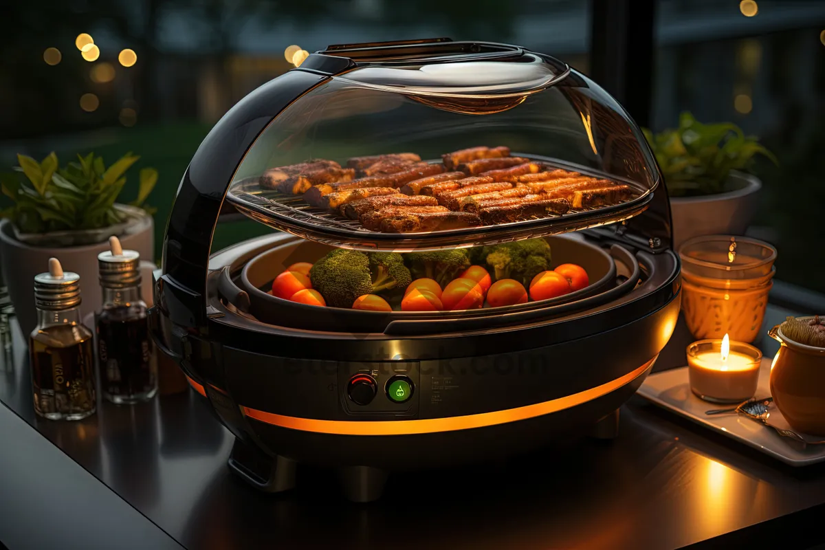 Picture of Grilled pork roast with vegetables on a plate.