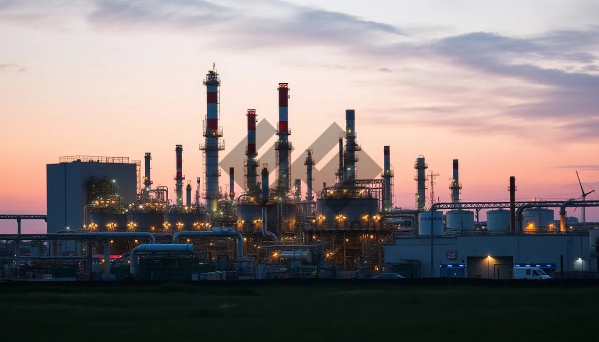 Picture of Industrial city skyline with river and ships at night.