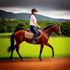 Majestic stallion in equestrian field with jockey.