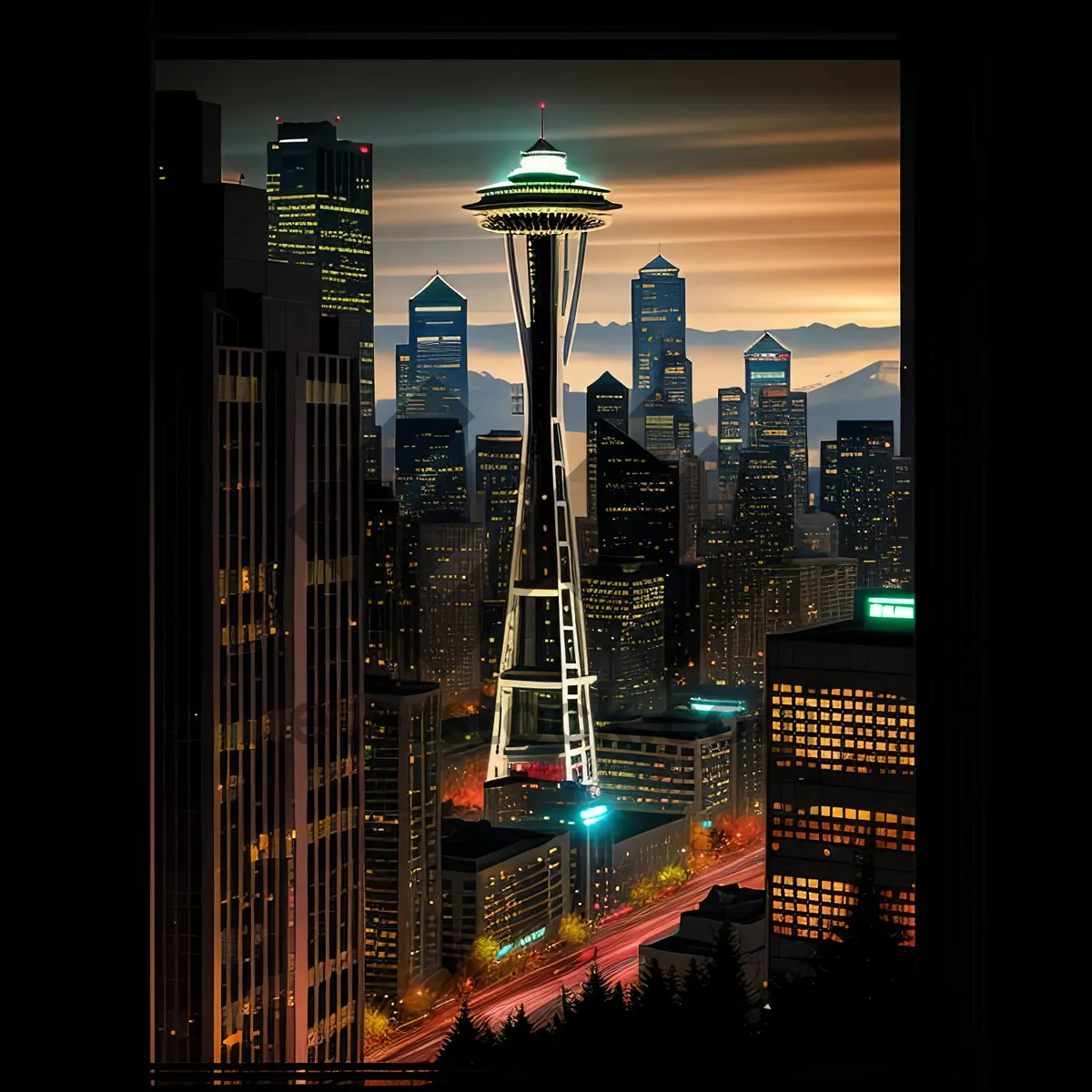 Picture of Nighttime skyline with illuminated skyscrapers in a modern city center.