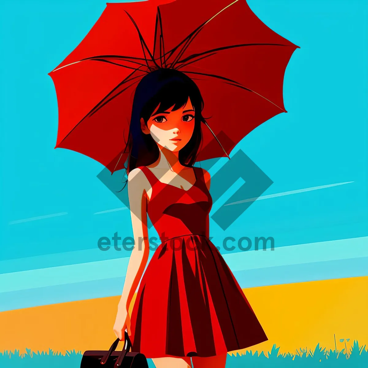 Picture of Pretty Lady Under Colorful Parasol: Fashionable and Happy Model Portrait