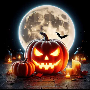 Night scene, pumpkins and lit candles on a stone surface, detailed full moon in the background, warm candlelight contrasts with cold moonlight creating a Halloween atmosphere. AI, Generation, Illustration.