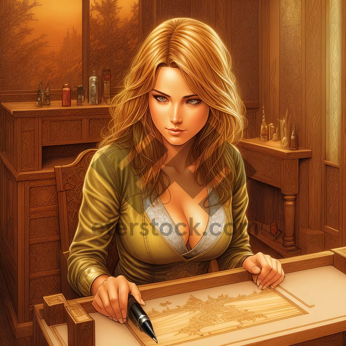 Picture of Smiling Woman Working on Laptop in Home Office