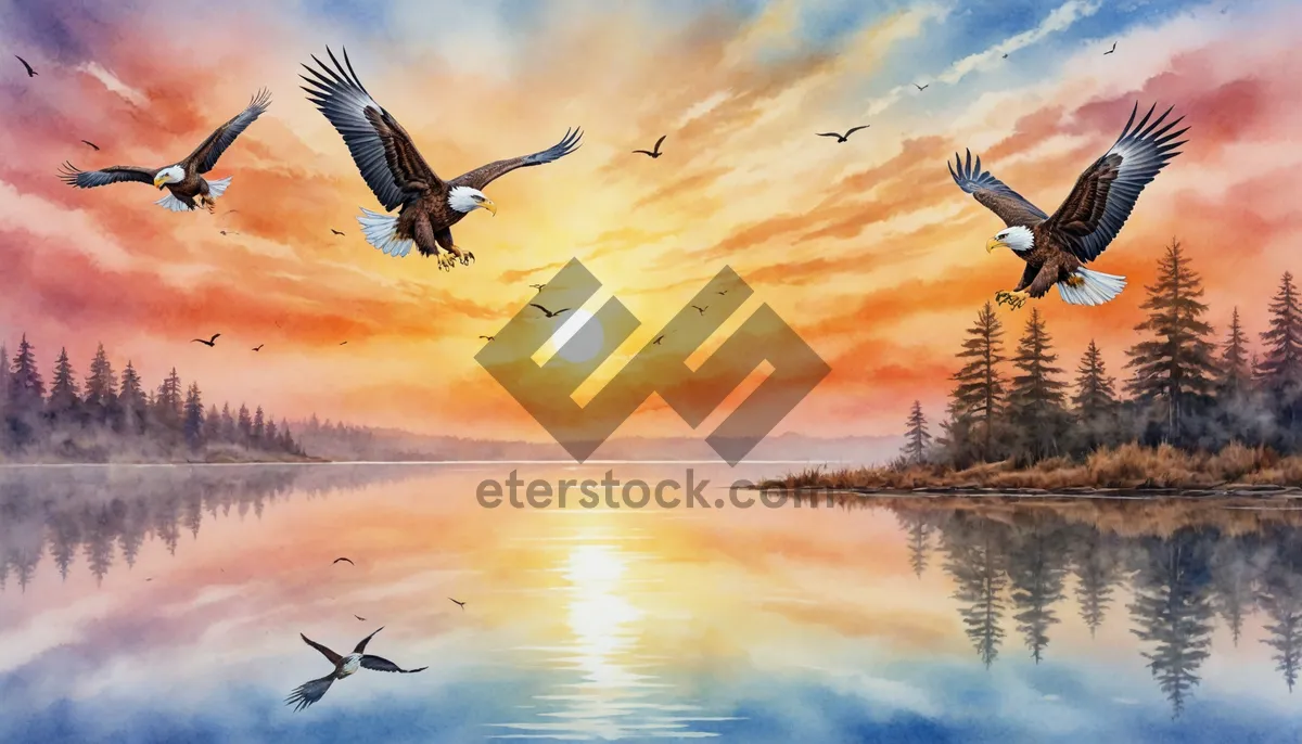 Picture of Flying Eagle Soaring Over Sea and Sky