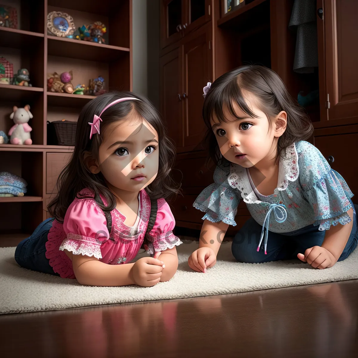Picture of Happy siblings bonding with their toy doll at home