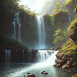 Serene Falls amidst Lush Forest and Rocky Landscape