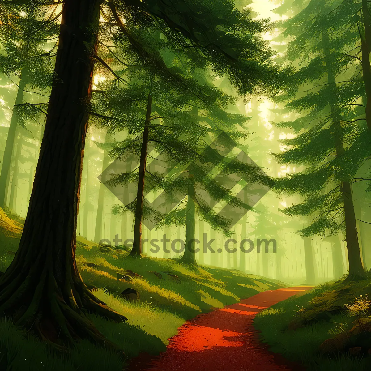 Picture of Serene forest landscape with vibrant foliage and golden sunlight