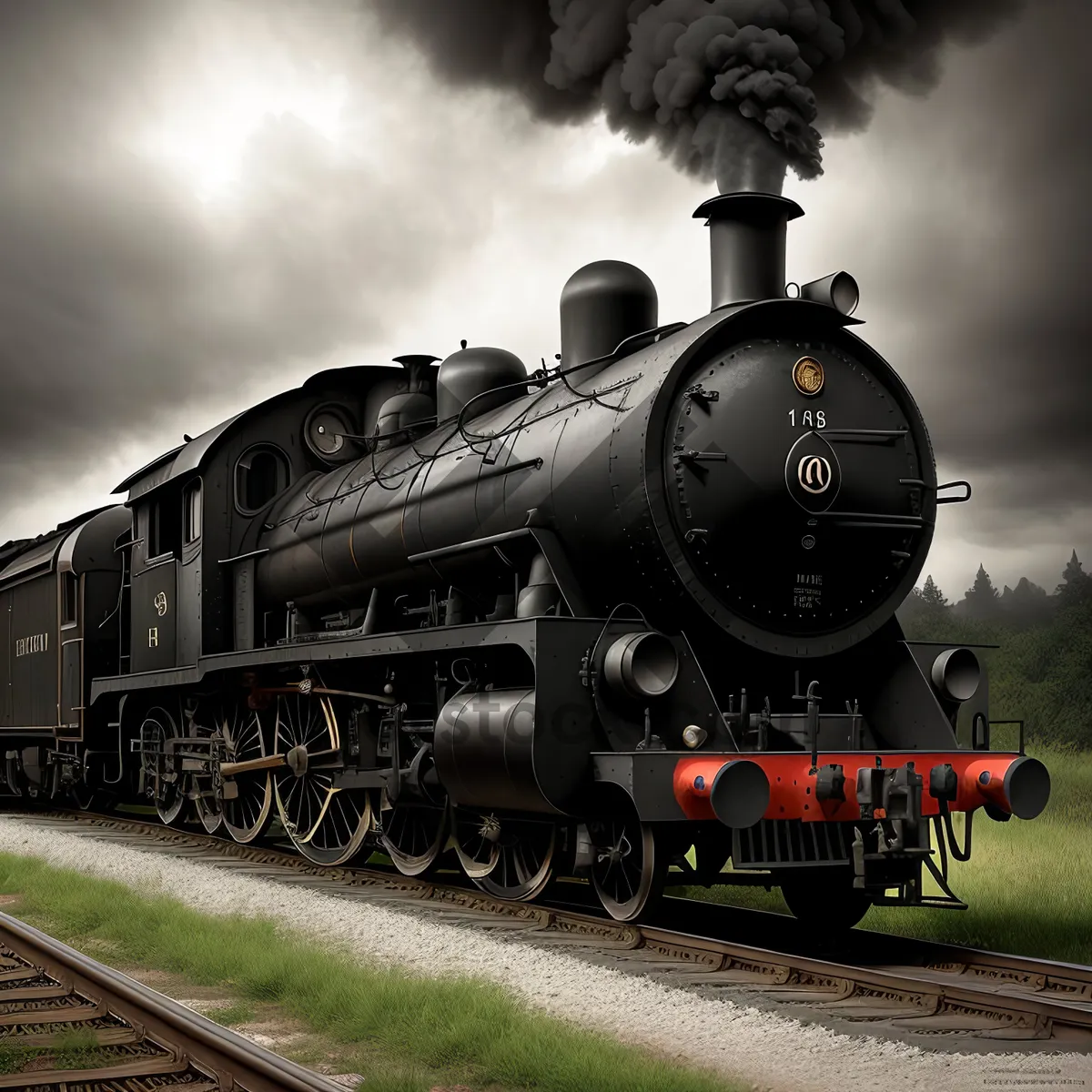 Picture of Vintage steam locomotive powering through railway tracks