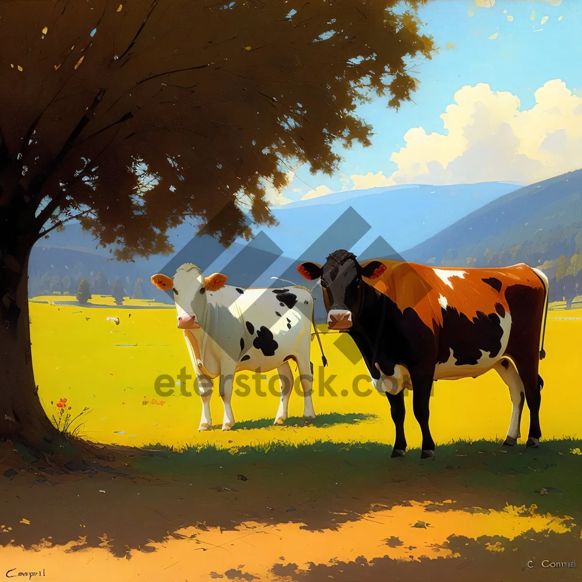 Picture of Idyllic Ranch Scene with Grazing Cattle and Horses