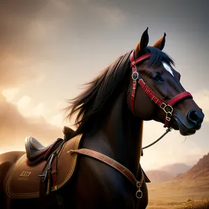 Brown Thoroughbred Stallion with Bridle and Mane