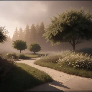 Serene Rural Landscape: Tree-lined Field under Sunny Sky