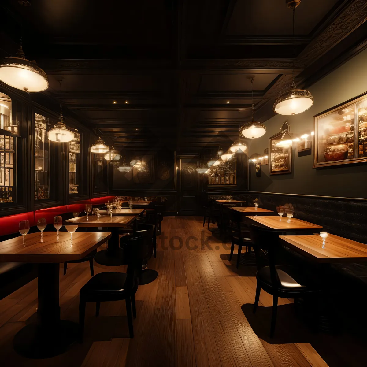 Picture of Modern restaurant interior with sleek furniture and structure.