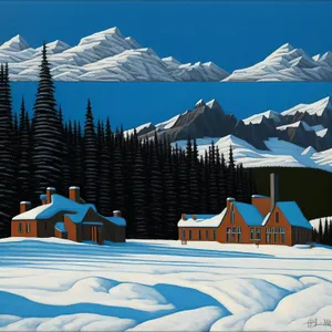 Alpine winter landscape with snowy mountains and forest.