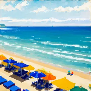 Sandy shores and turquoise waves meet a sunny sky.