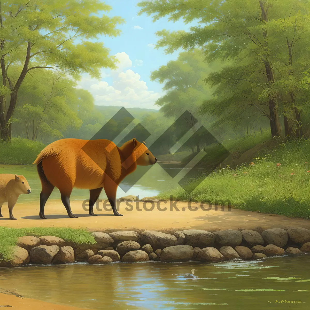 Picture of Rural Meadow with Grazing Horses and Water Buffalo