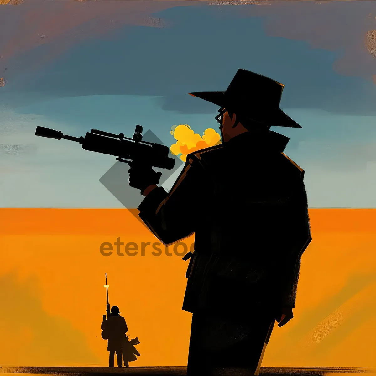 Picture of Silhouette Man with Sunset Sky and Rifle