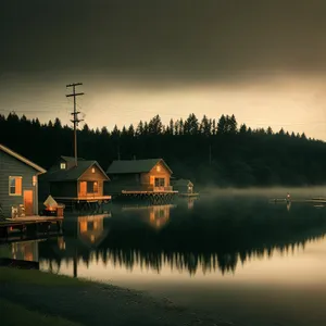 Riverside Cityscape: Serene Boathouse by the Lake