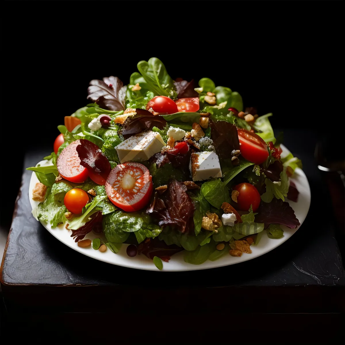 Picture of Fresh vegetarian salad with cherry tomatoes and olives.