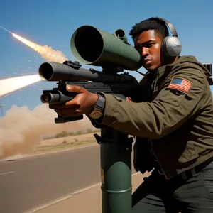 Male soldier with bazooka in military uniform