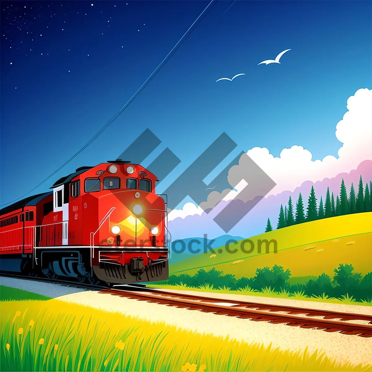 Picture of Sunset Over Rural Landscape with Trailer and Truck
