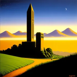 Sunset Over Rural Meadow with Cactus and Obelisk