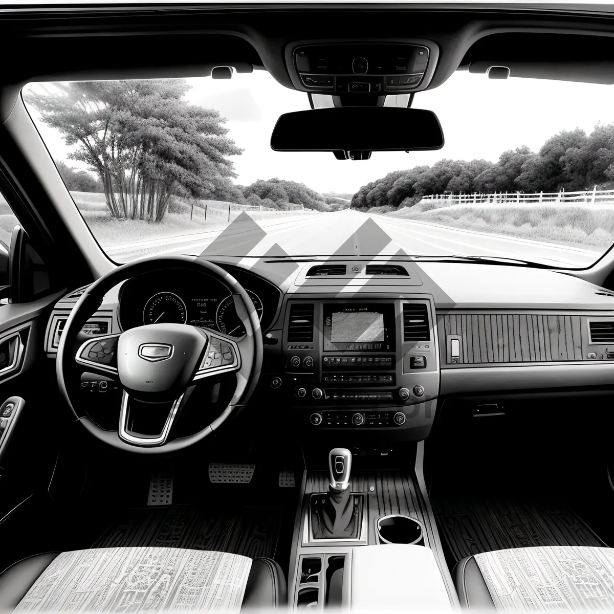 Picture of Luxury Car Interior with Modern Dashboard and Steering Wheel