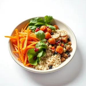 Delicious vegetable salad with grilled meat and pasta.