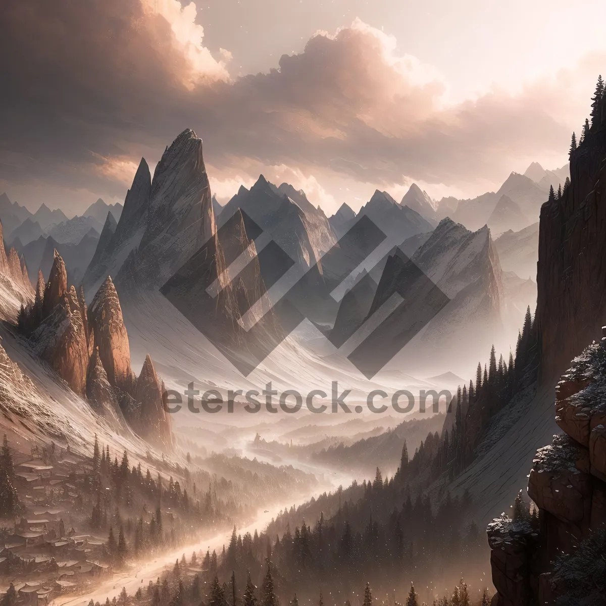 Picture of Snow-Covered Peaks: Majestic Alpine Landscape with Glacial Valley