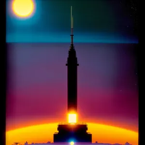 Nighttime Illumination: Starlit Minaret Tower with Laser Light