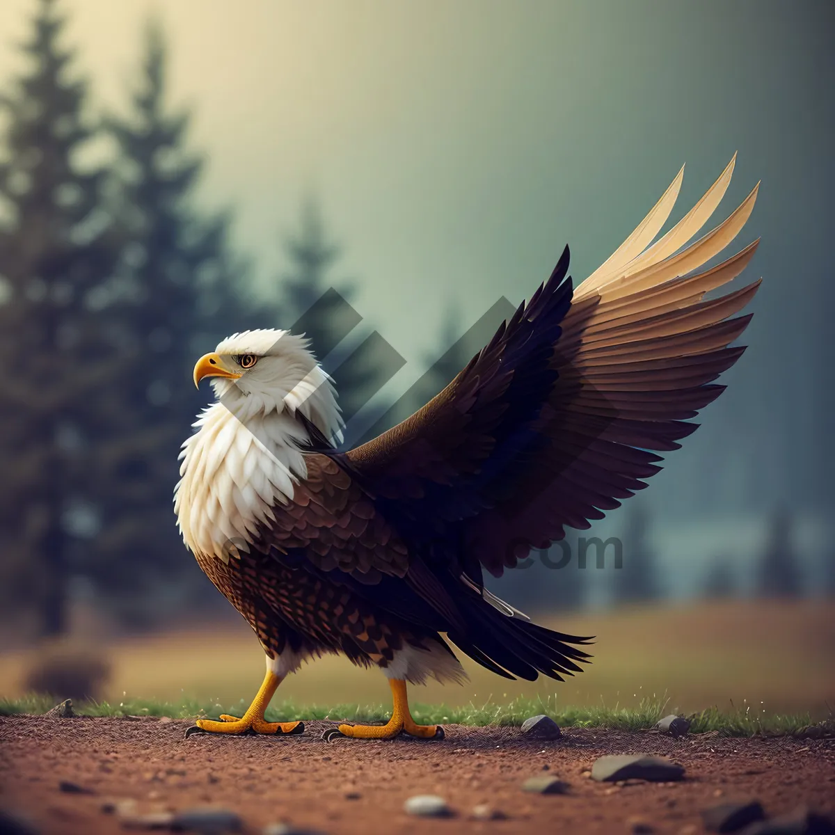 Picture of Bald Eagle in Flight, Majestic Predator with Piercing Eyes