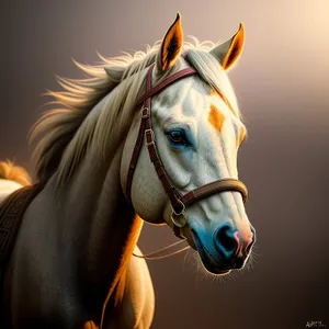 Brown Thoroughbred Stallion in Bridle and Headgear