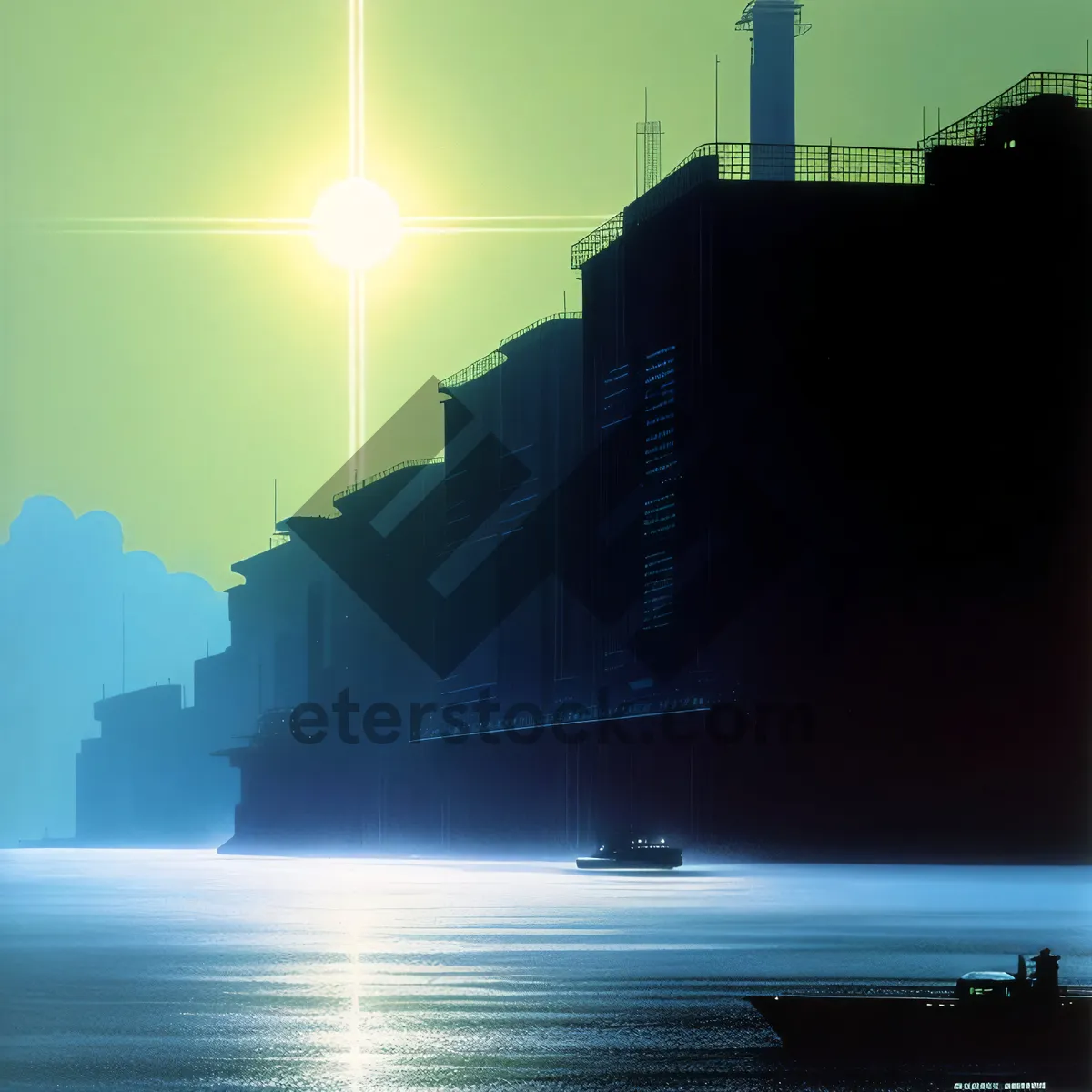 Picture of Vibrant city skyline at sunset with cargo ship