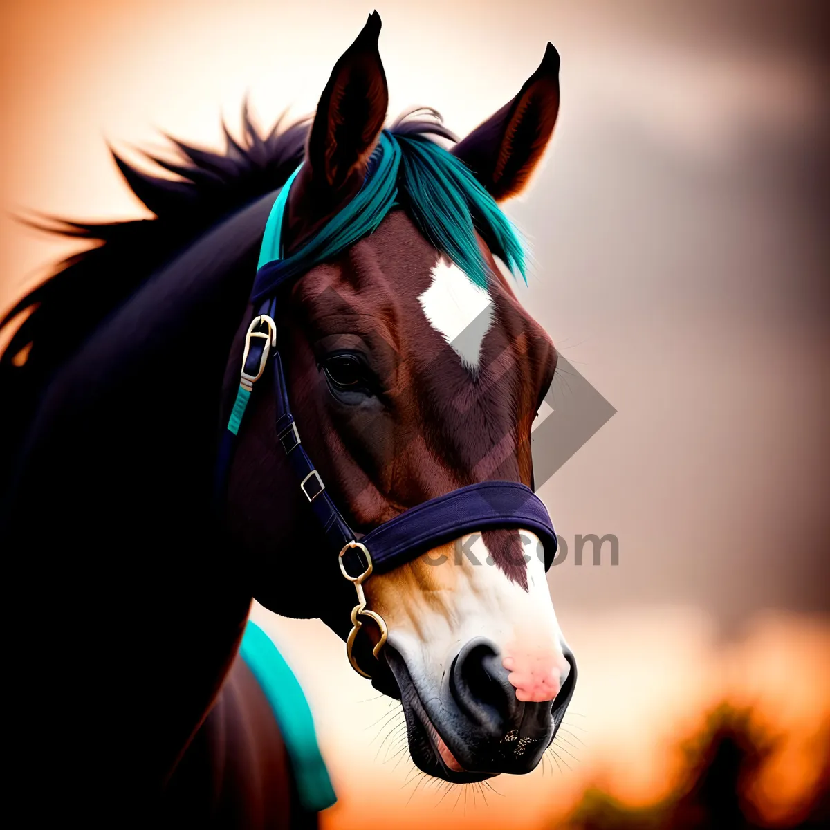 Picture of Majestic thoroughbred stallion grazing in rural meadow